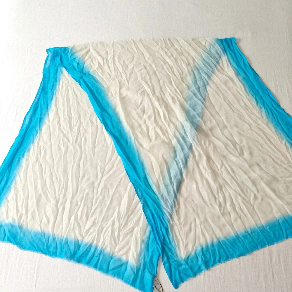 Spun by Subtle Luxury Bright Blue Cream Scarf Rectangle Bohemian Wool Silk Blend